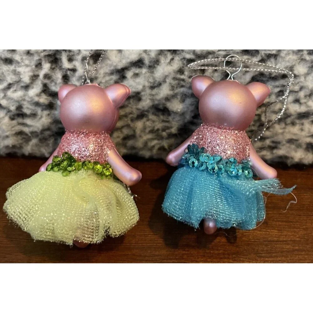 Ballerina‎ 2 Mini Pig Christmas Ornament Green Blue Tutu Glittery Ballet NEW #2